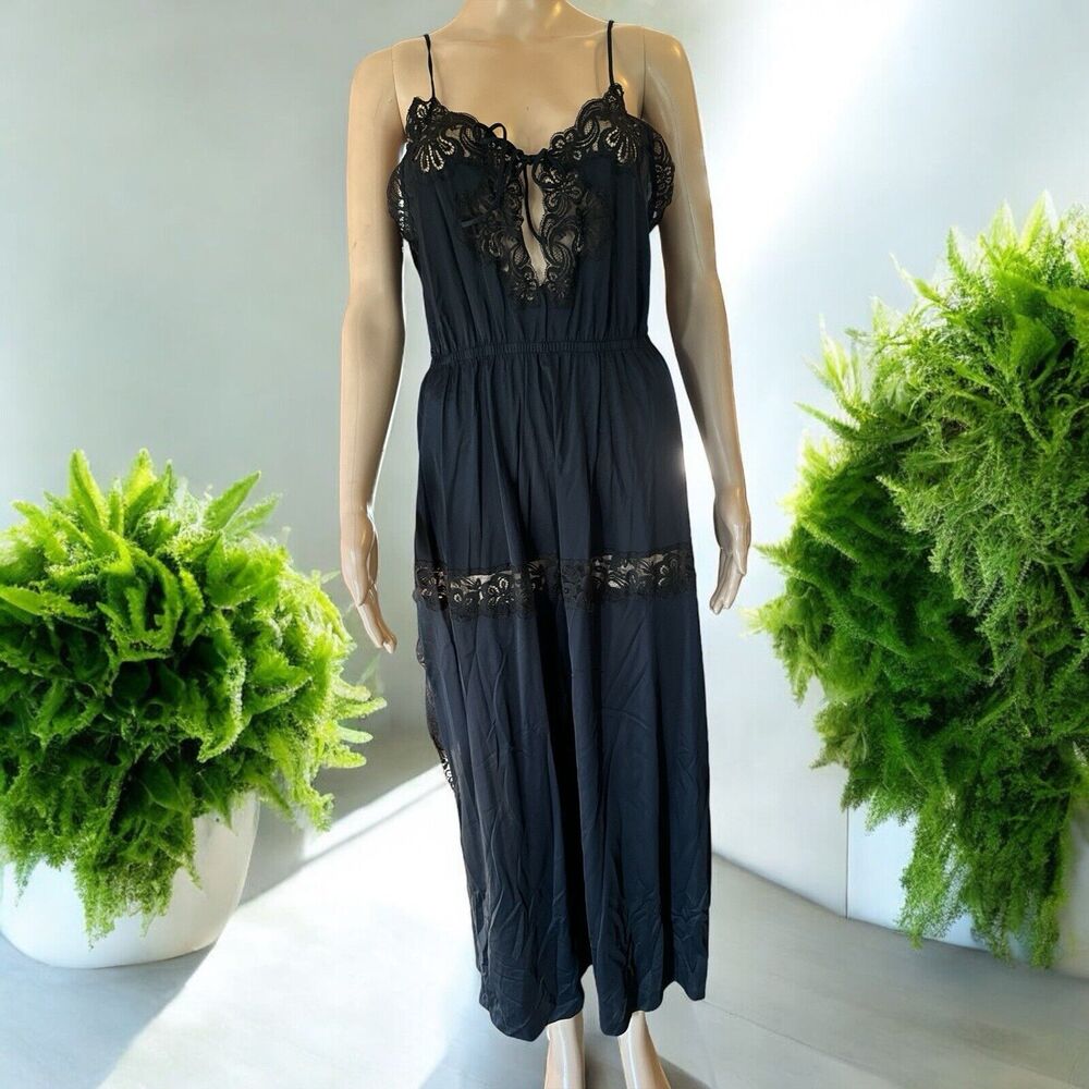 Vintage Black Nylon Nightgown Double Full Side Slit Long Lace V Neck S/M Sheer